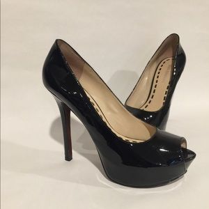 BCBG peep toe glossy black heels